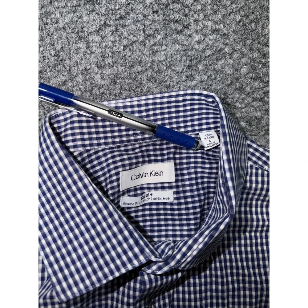 Calvin Klein Steel+ Men's Regular Fit Gingham Check Long Sleeve‎ Shirt Large